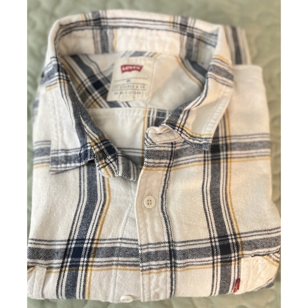 Levi’s Mens XXL Flannel Shirt White Blue Yellow Plaid Button Up Long Sleeve - Picture 11 of 16